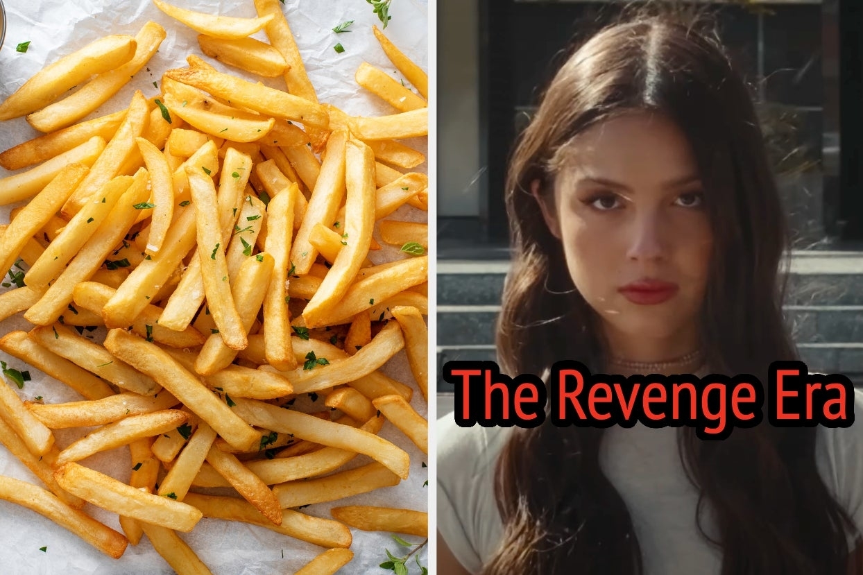 on the left, some fries, and on the right, Olivia Rodrigo staring straight ahead in the Get Him Back music video with The Revenge Era typed under her chin