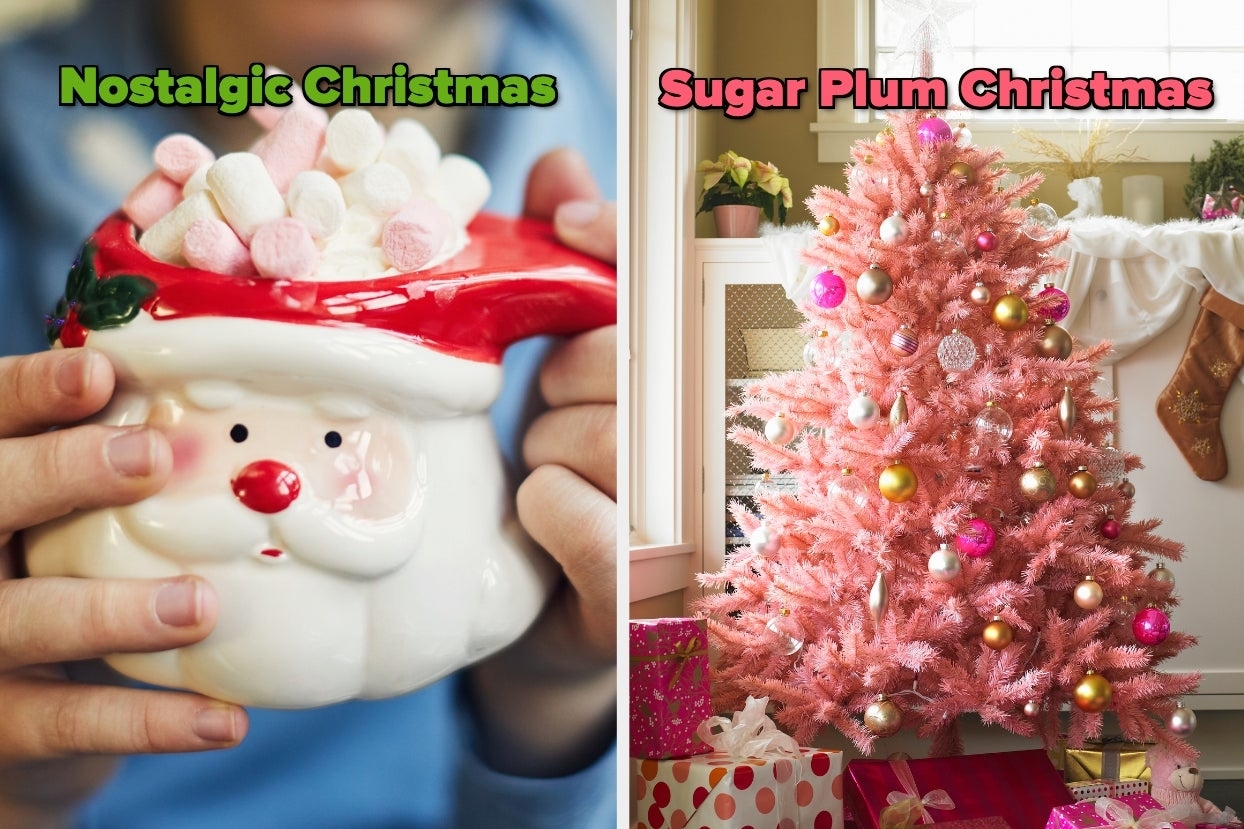 On the left, someone holding a Santa Claus mug topped with marshmallows labeled Nostalgic Christmas, and on the right, a Barbie-esque Christmas tree labeled Sugar Plum Christmas