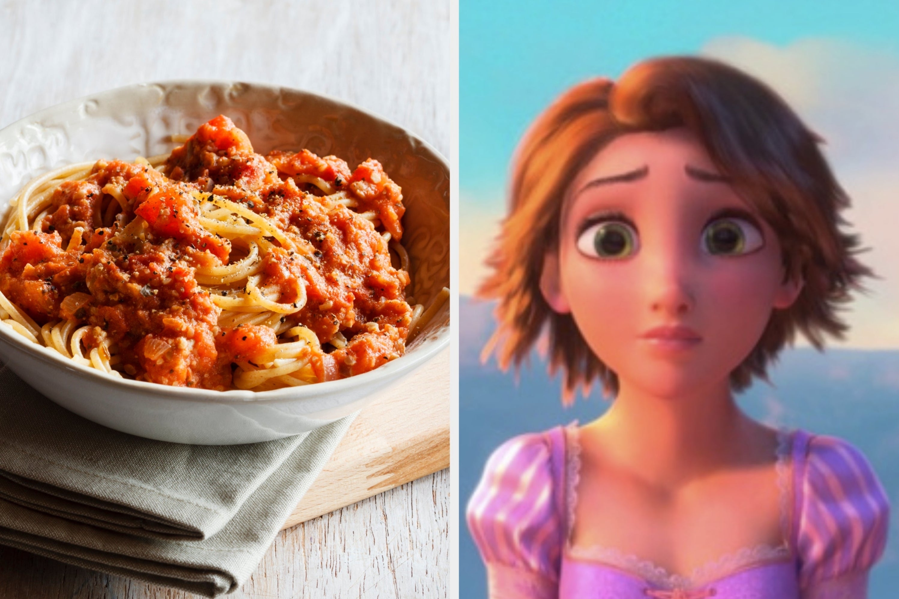 On the left, some spaghetti bolognese, and on the right, Rapunzel from Tangled with her long hair chopped off and frown on her face