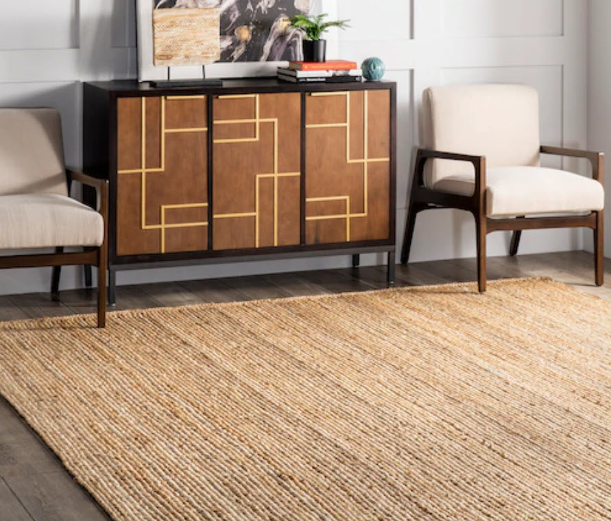 large brown jute area rug in living room space