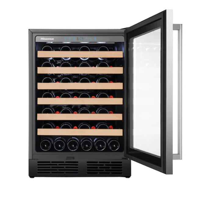 open door wine cooler with multiple shelves
