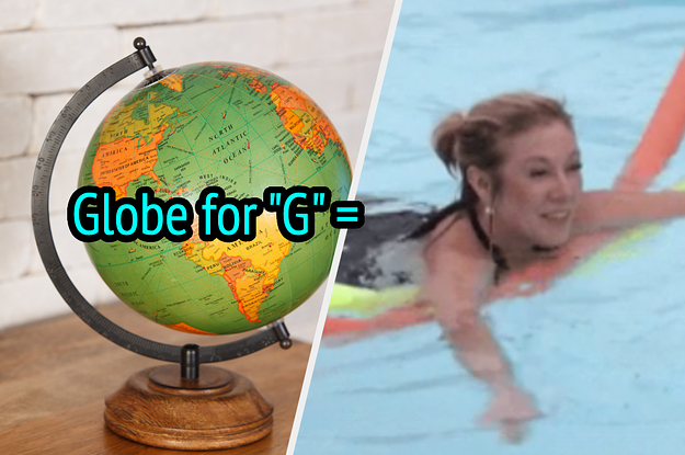 A globe and a woman swimming with pool noodles.
