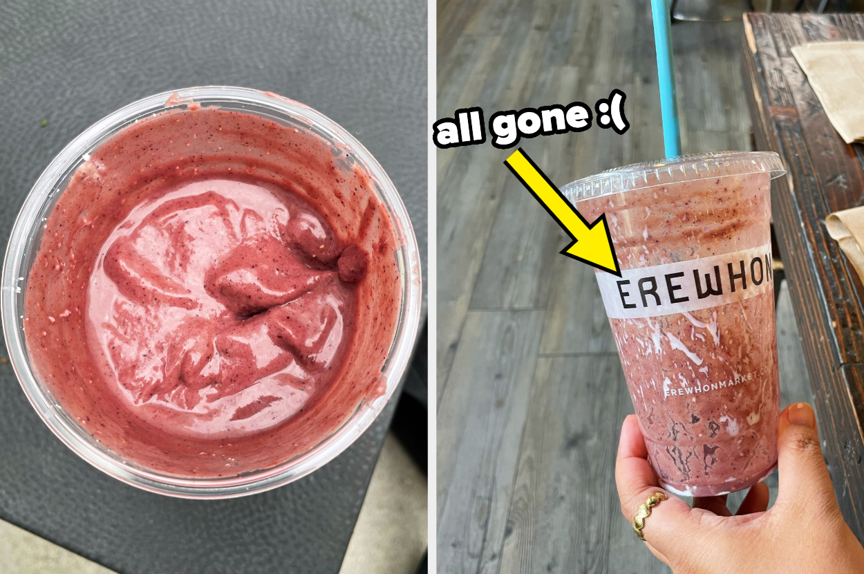 There&#x27;s a top view of the smoothie to show the consistency paired with an empty cup saying &quot;all gone&quot;