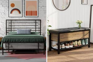 on left: dark gray bed frame with gray mattress and green comforter. on right: dark brown storage bench with shoe shelf underneath