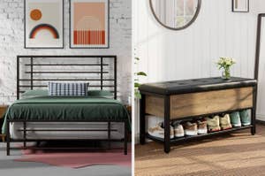 on left: dark gray bed frame with gray mattress and green comforter. on right: dark brown storage bench with shoe shelf underneath