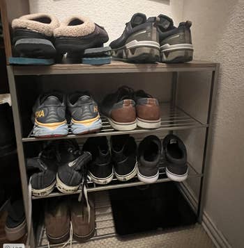 the shoe rack filled with shoes and a scale