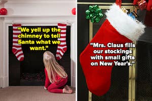 "We yell up the chimney to tell Santa what we want" over a kid looking into a fireplace, next to a stocking hung with "Mrs. Claus fills our stockings with small gifts on New Year's" 
