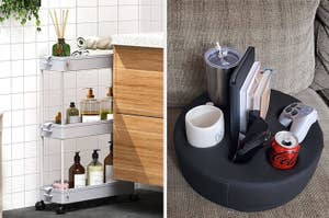 side by side photos of a rolling storage cart and a couch caddy