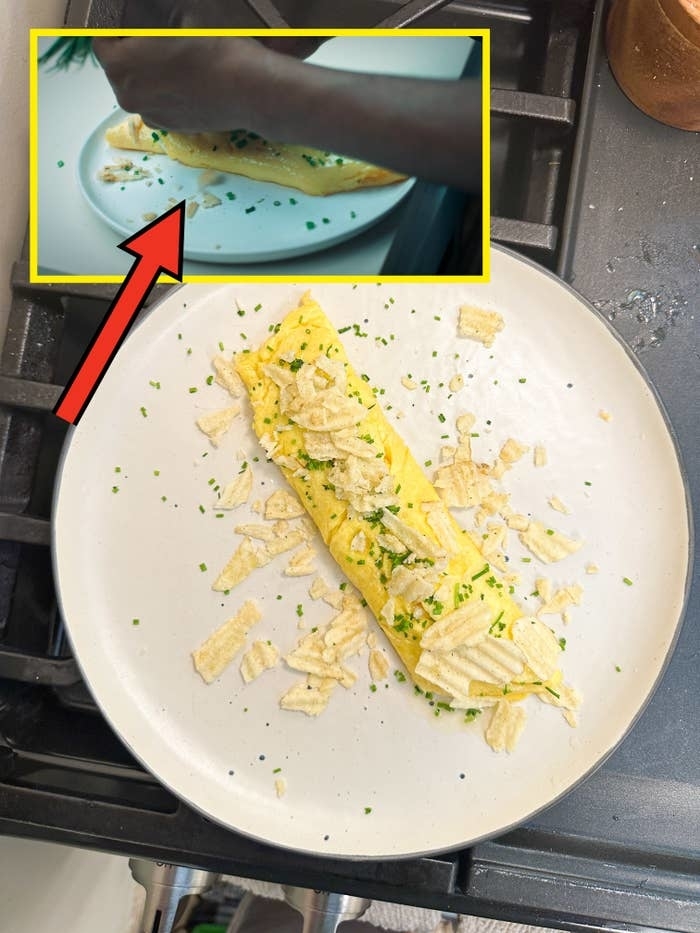 potato chip omelet on a plate, next to the same dish from a screenshot from The Bear