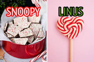 On the left, some peppermint bark in a tin labeled Snoopy, and on the right, a heart-shaped lollipop labeled Linus