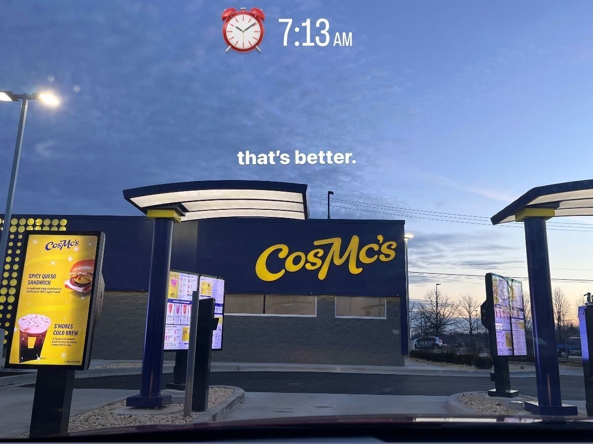 The CosMc&#x27;s drive-up kiosks in Bolingbrook a 7:13 am, with the sunrise as the background