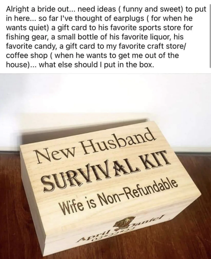 box names new husband survival kit, wife is non refundable