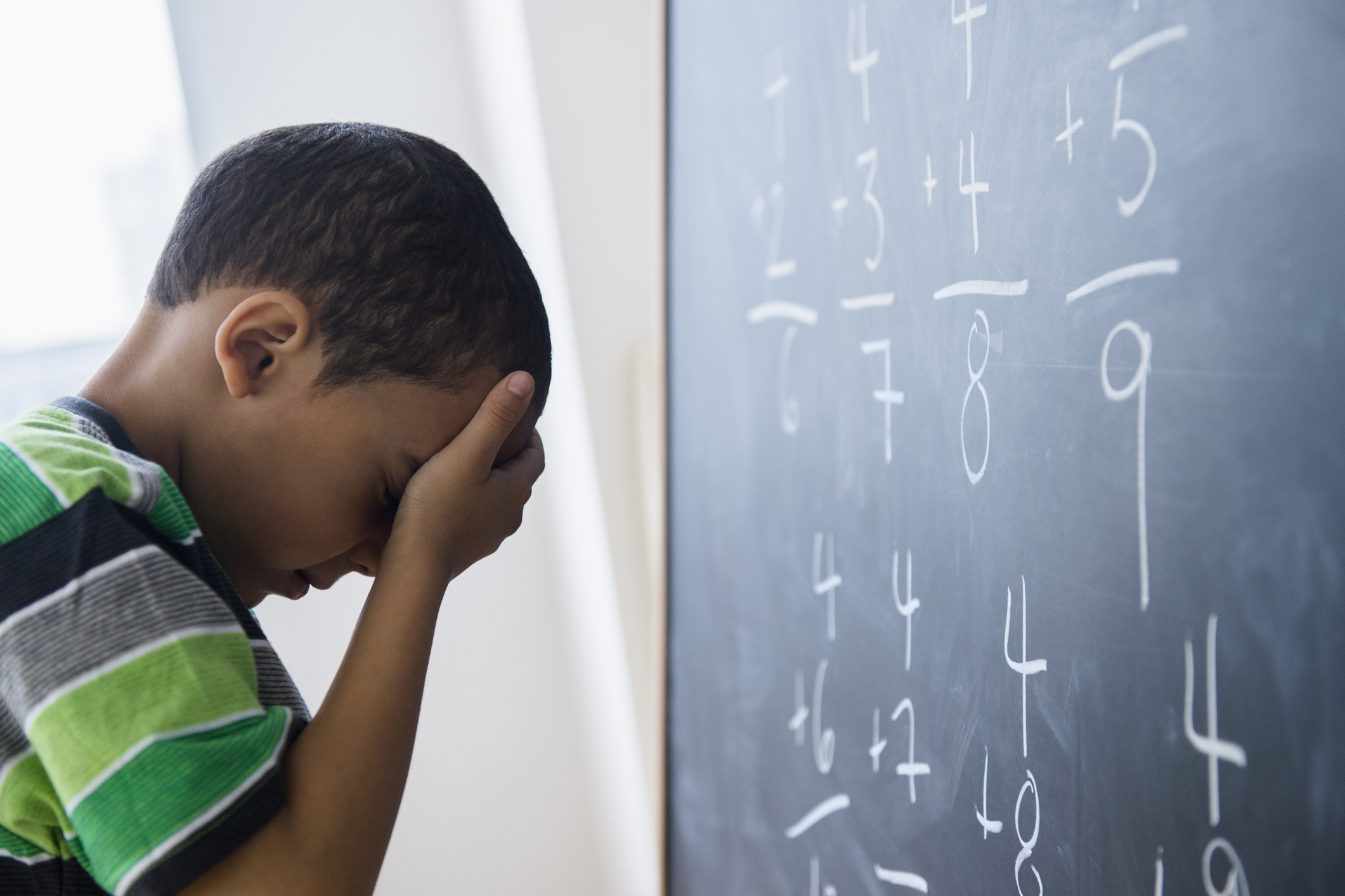 A child holding his head to his hand in front of a chalkboard with math on it