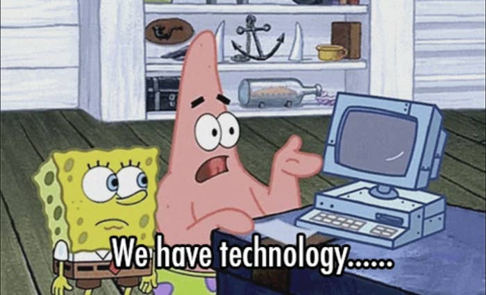 spongebob and patrick at a computer