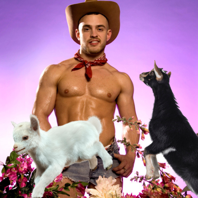 a muscular man with goats in front of him