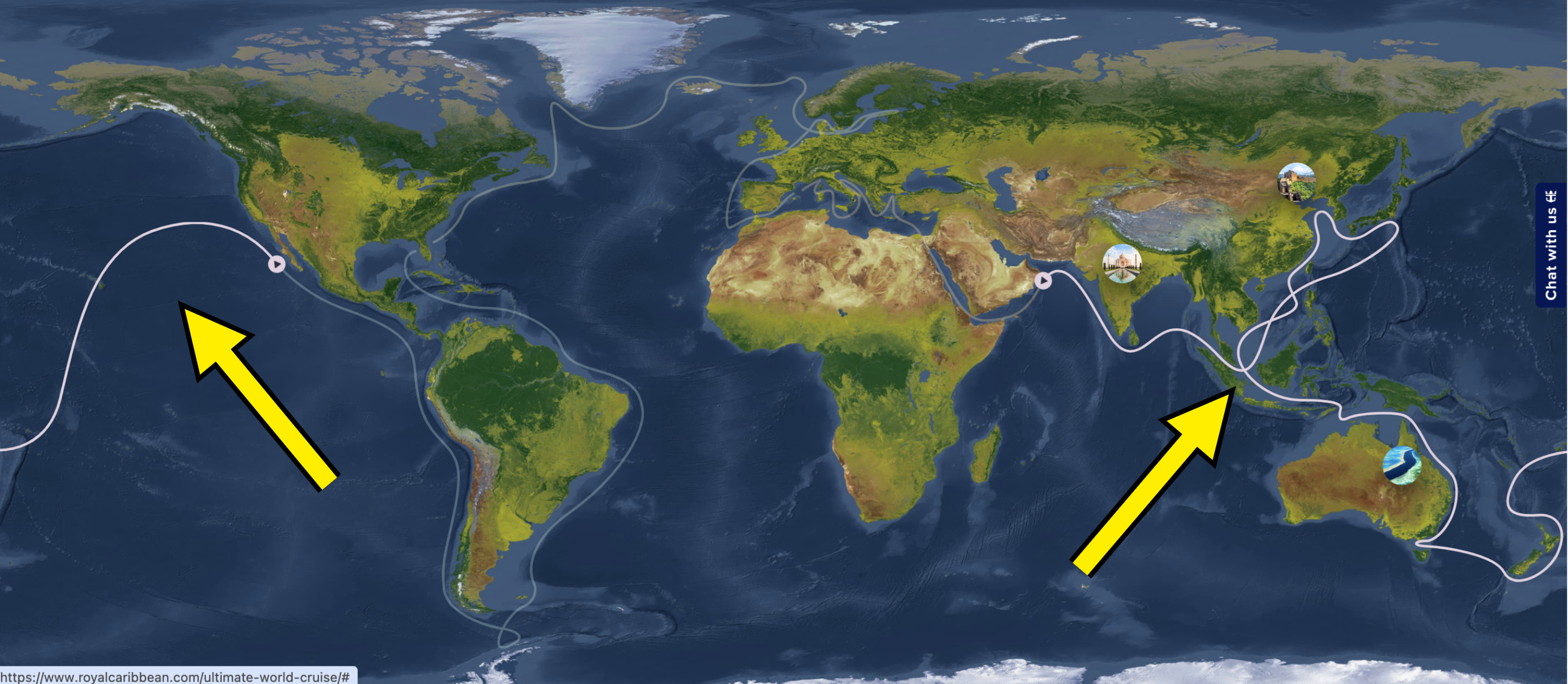 Arrows showing the second leg of the world cruise
