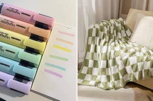 pastel highlighers and checkered blanket