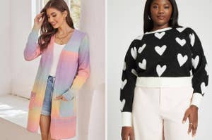 model in gradient rainbow open-front cardigan / model in cropped black sweater with white hearts on it