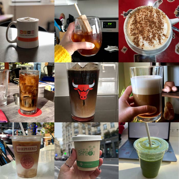 9 Images of different types of coffee, most of which are being held in one of my hands