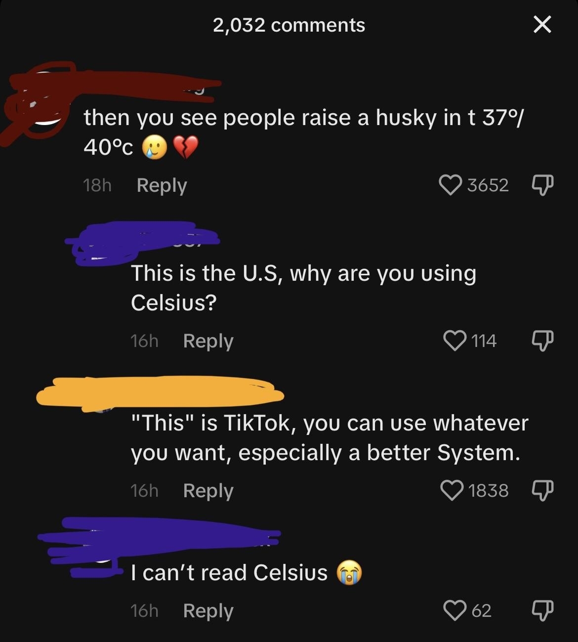 &quot;Then you see people raise a husky in t 37/40 degrees Celsius,&quot; &quot;This is the US, why are you using Celsius?&quot; &quot;&#x27;This&#x27; is TikTok, you can use whatever you want, especially a better system,&quot; and &quot;I can&#x27;t read Celsius&quot;