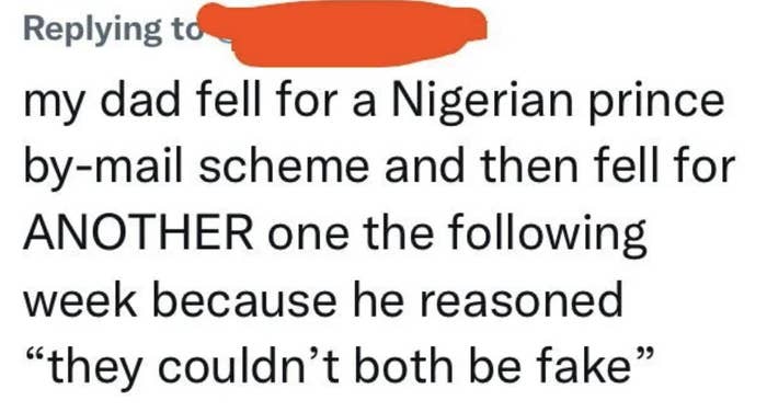 &quot;my dad fell for a Nigerian prince by-mail scheme...&quot;