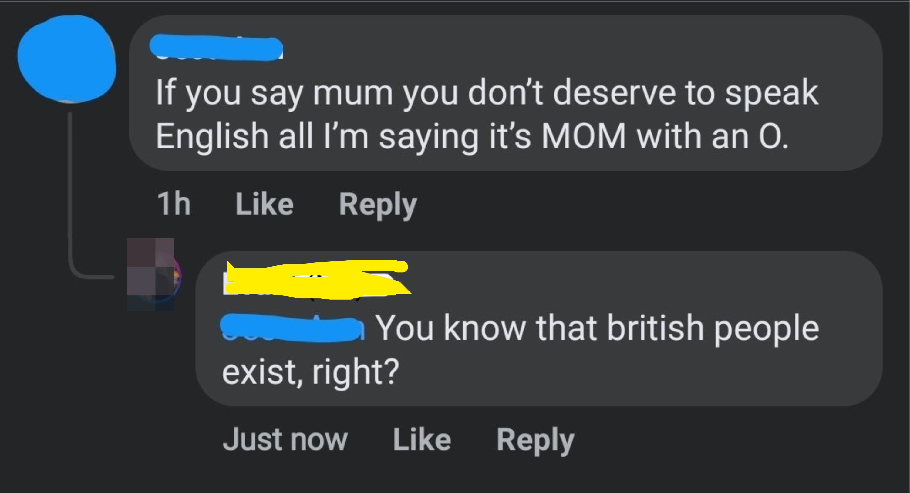 "If you say mum you don't deserve to speak English all I'm saying it's MOM with an O" and "You know that British people exist, right?"