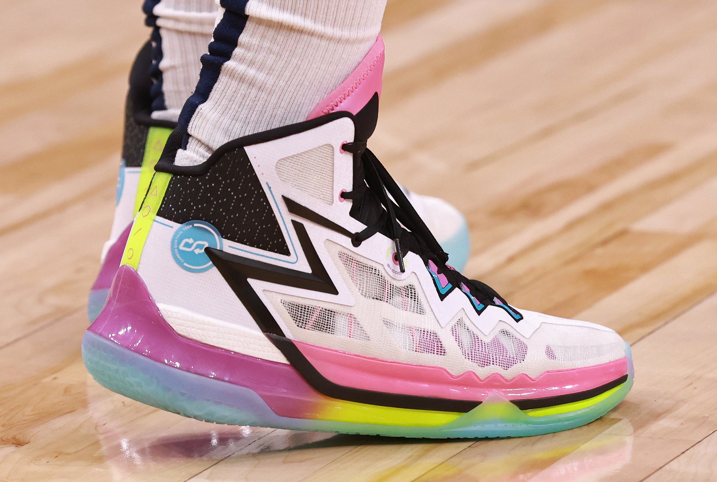 The sneakers worn by Nikola Jokic #15 of the Denver Nuggets during the game against the Toronto Raptors on December 20, 2023