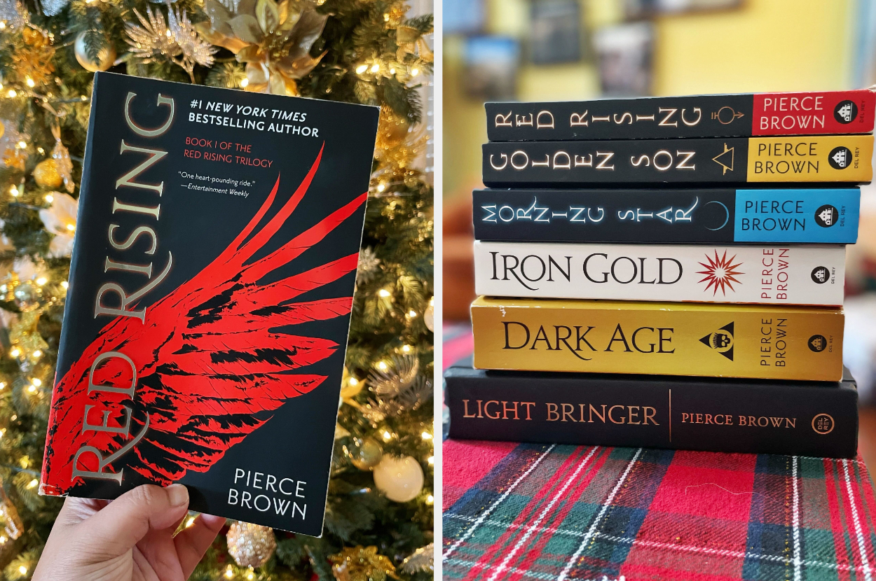 The author is showing off the &quot;Red Rising&quot; series by Pierce Brown