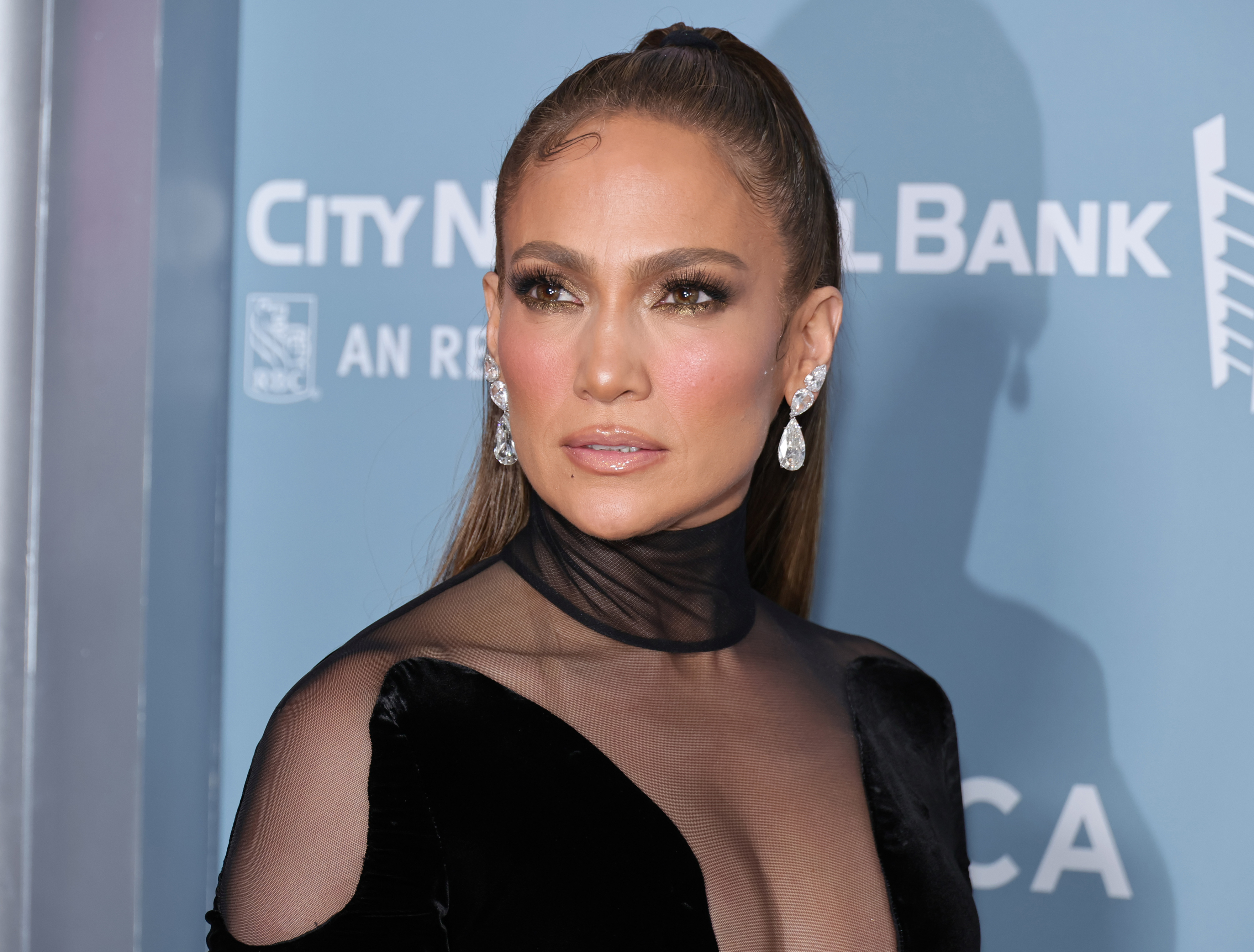 Close-up of JLo at a media event