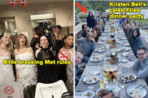 Billie Eilish takes a photo at the met gala vs Kristen Bell and her celeb friends sit at a table at dinner