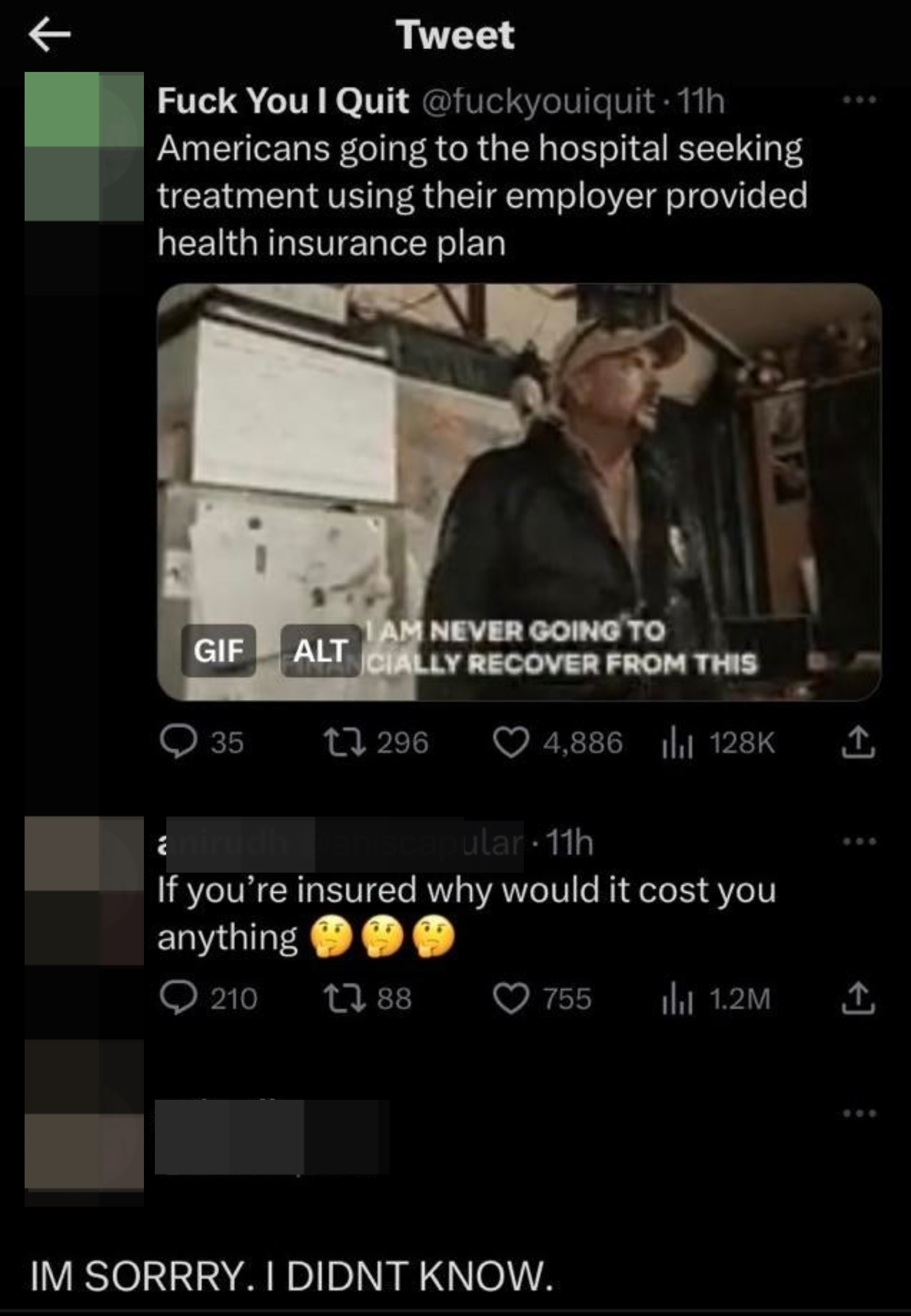 person asking why it would still cost money if you have insurance