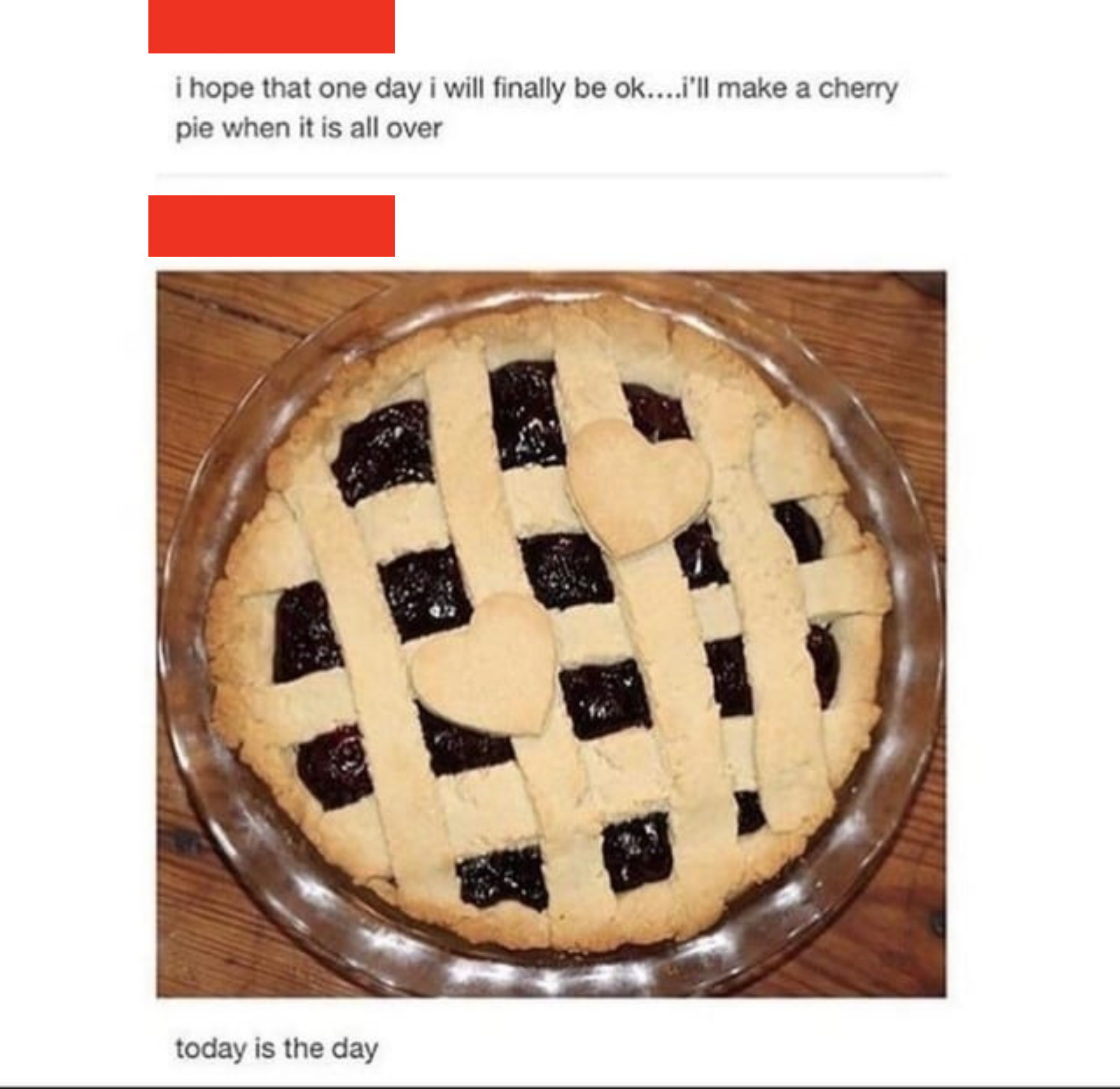 fruit pie with text i. hop ehtat one day i will finally be ok i&#x27;ll make a cherry pie when it&#x27;s all over, and then today is the day