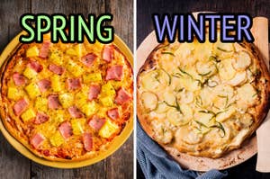 On the left, a ham and pineapple pizza labeled spring, and on the right, a white pizza with potatoes labeled winter