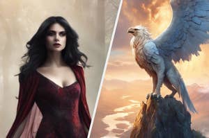 A vampire woman in a red dress in the woods and a griffin on a mountain. 