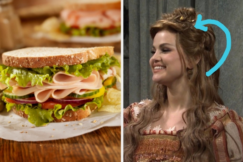On the left, a turkey sandwich, and on the right, Selena Gomez smiling while wearing a long, luscious wig with an arrow pointing to it