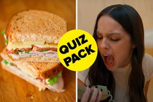 On the left, a turkey sandwich, and on the right, Olivia Rodrigo screaming into a phone in the Get Him Back music video with a quiz pack badge in the middle of the two images