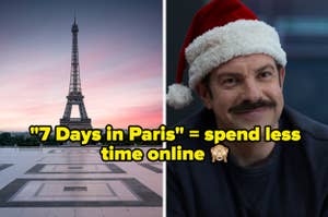 Eiffel Tower next to a separate image Jason Sudeikis in "Ted Lasso" wearing a Santa hat.