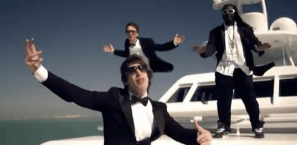 Screenshot from &quot;SNL&quot; showing The Lonely Island performing their song &quot;I&#x27;m on a Boat&quot;