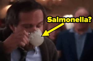 Clark Griswold chugging a glass of eggnog with the text "salmonella?"