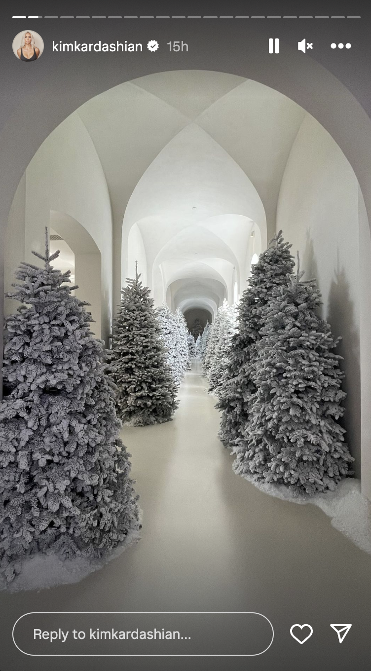 Snow-covered Christmas trees in Kim&#x27;s hallway on her IG story