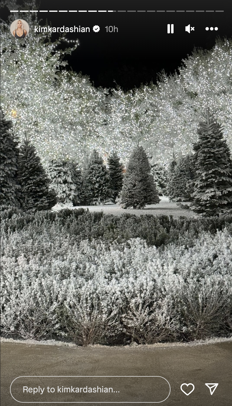 From her IG story, many more snow-covered trees and bushes on Kim&#x27;s property