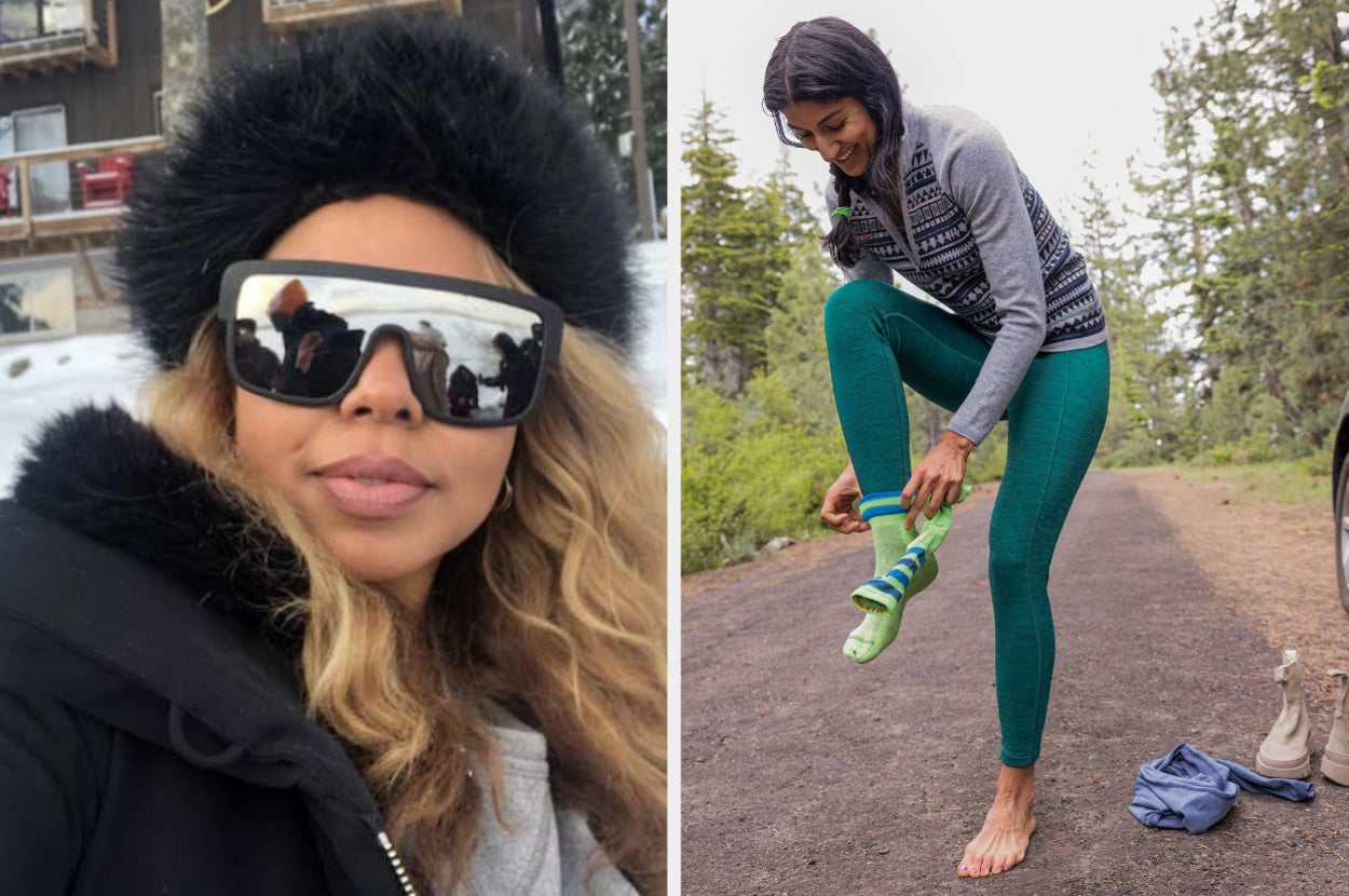 reviewer with faux fur headband, model wearing fleece lined leggings