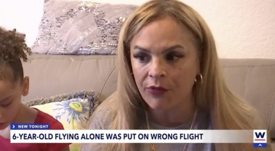 Screenshot of news segment with chyron, &quot;6-year-old flying alone was put on wrong flight&quot; and showing the grandmother