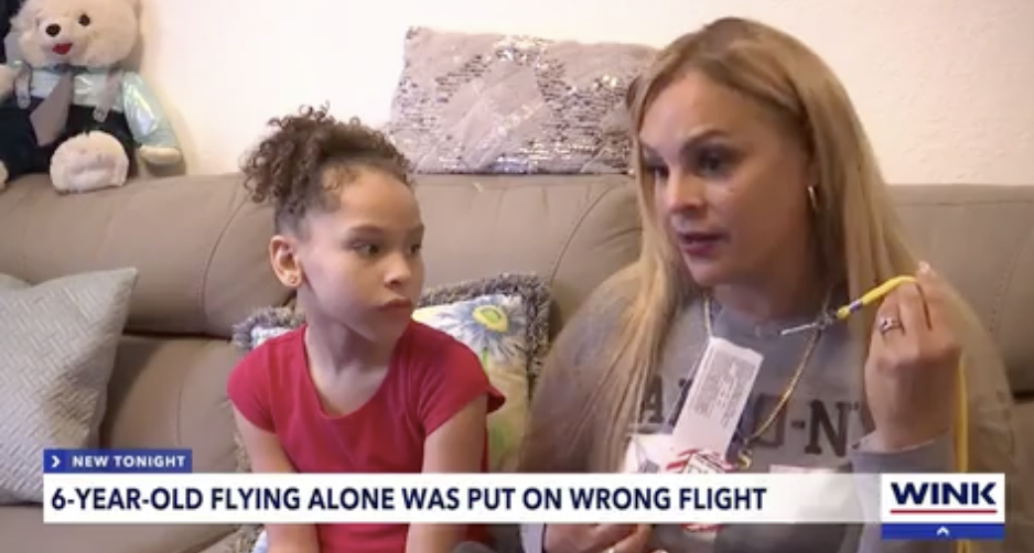 Screenshot of news segment with chyron, &quot;6-year-old flying alone was put on wrong flight&quot; and showing a child with the grandmother