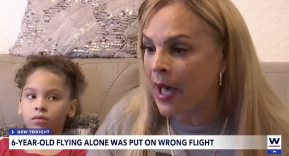 Screenshot of news segment with chyron, &quot;6-year-old flying alone was put on wrong flight&quot; and showing a child with the grandmother