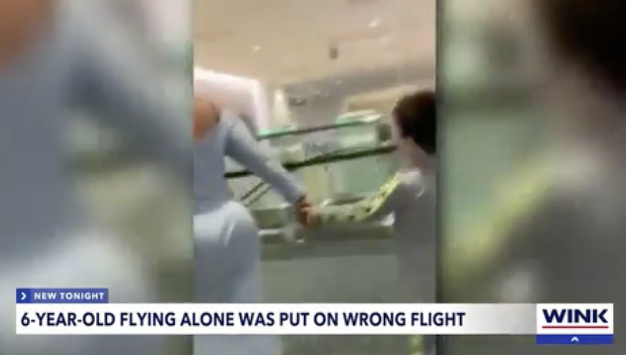 Screenshot of news segment with chyron, &quot;6-year-old flying alone was put on wrong flight&quot; and showing a child and a woman holding hands
