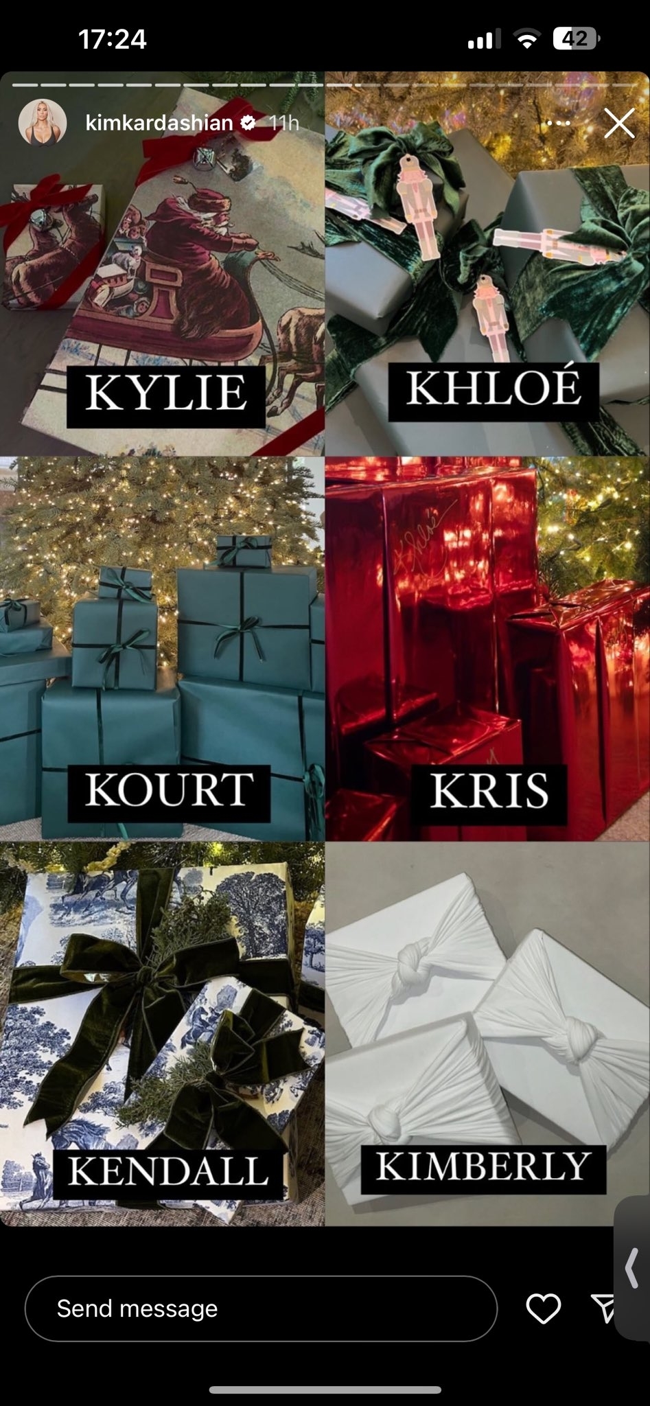 Screenshot from Kim&#x27;s IG story showing different wrapping styles of various family members