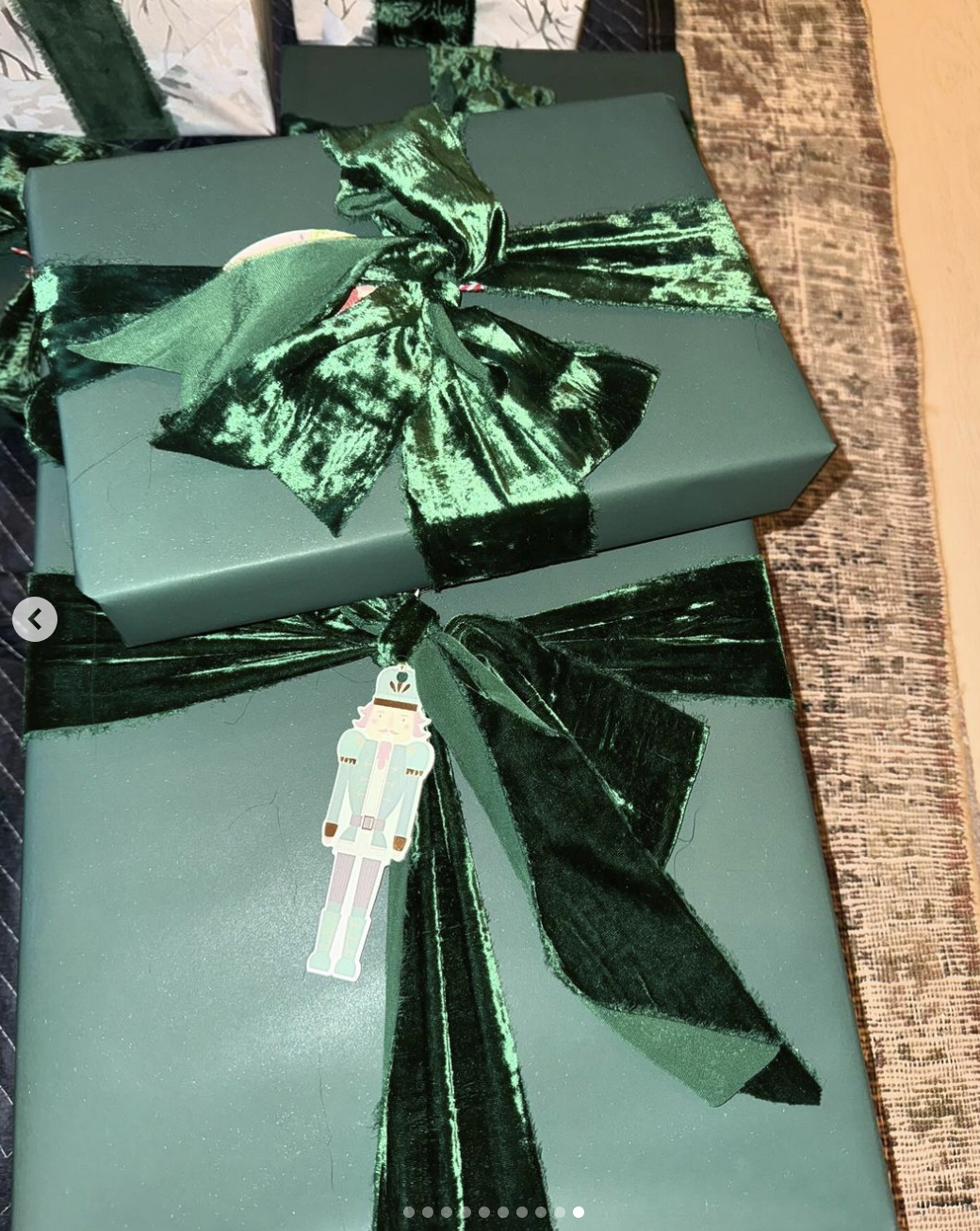 Presents with green paper and ribbons