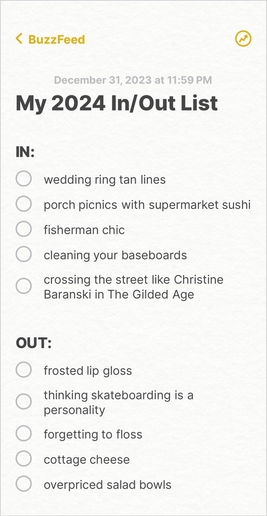 Another In/Out list with items such as IN: wedding ring tan lines and OUT: overpriced salad bowls