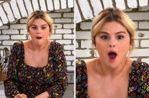Selena Gomez looking shocked while cooking something in her cooking TV show